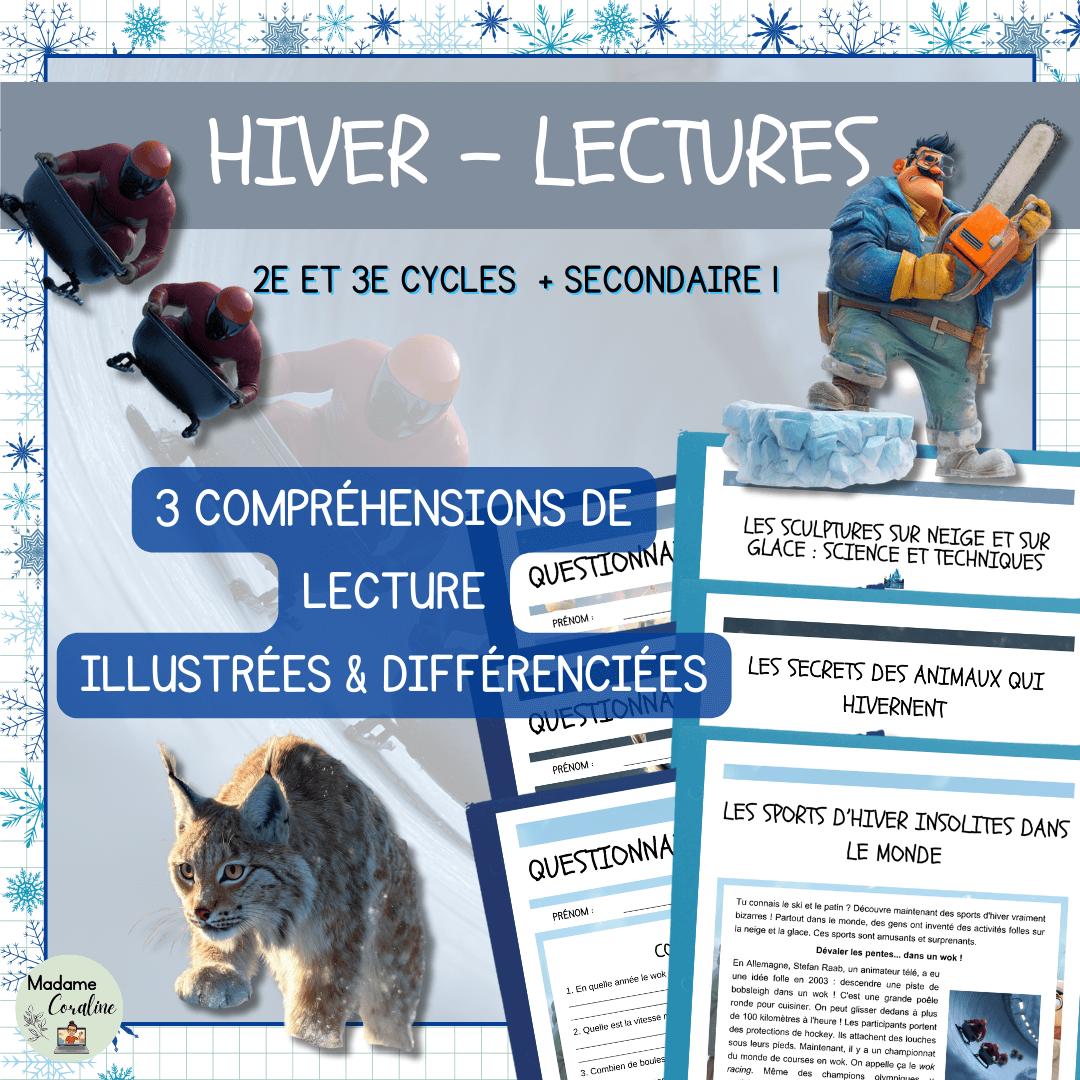 Ensemble de compréhensions de lectures sur l'hiver différenciées et illustrées