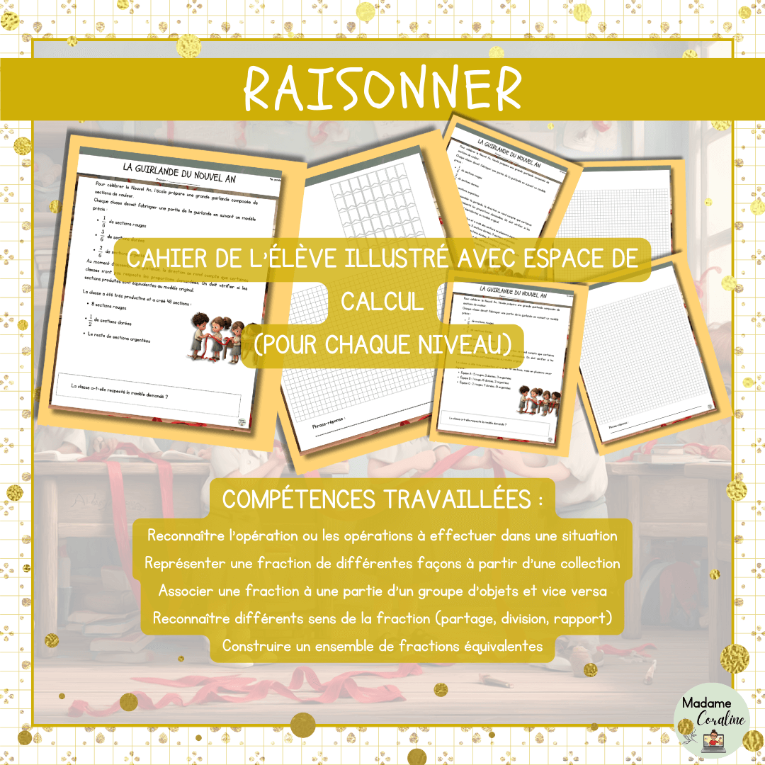 Raisonner du Nouvel An différencié sur les fractions équivalentes et la fraction d'une collection cahier de l'élève et compétences