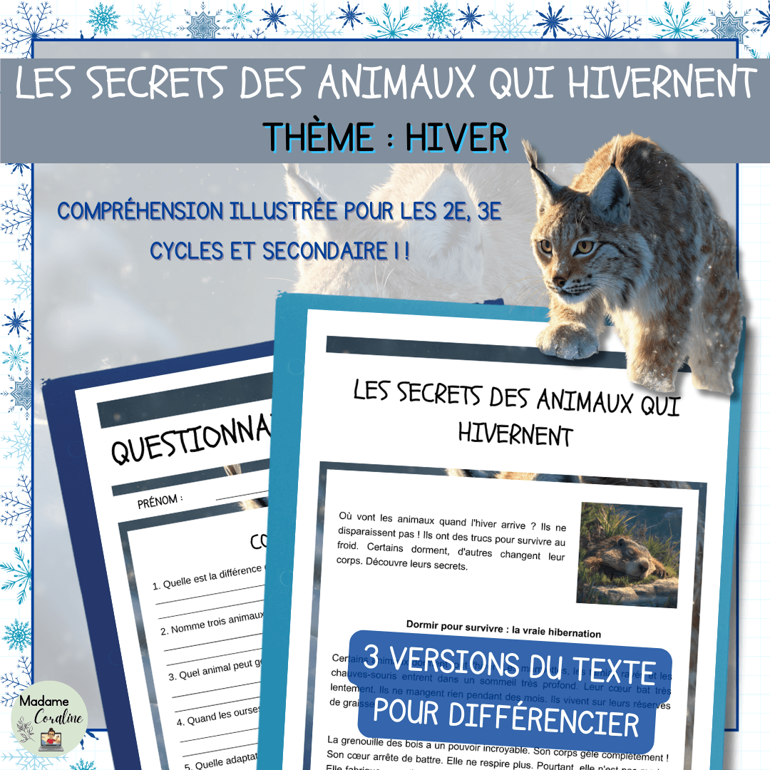 Compréhension de lecture sur l'hiver illustrée et différenciée sur les animaux qui hivernent